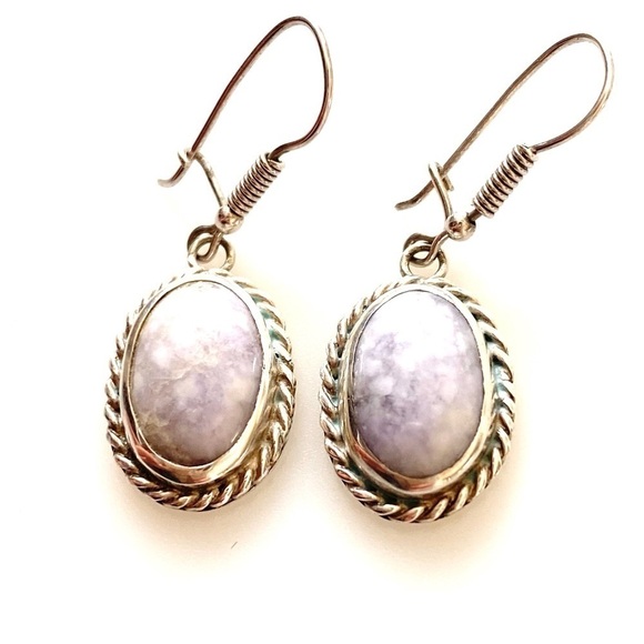 Sterling Vintage Earrings Purple Lace Agate Dangles Drops - Picture 4 of 11